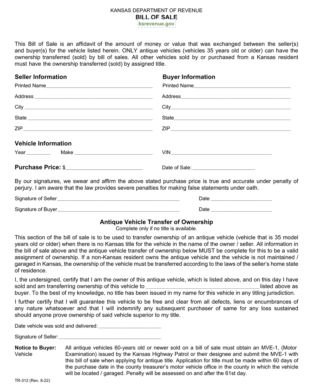 Kansas Department of Revenue Form TR-312, first page — sale price and buyer and seller signature lines