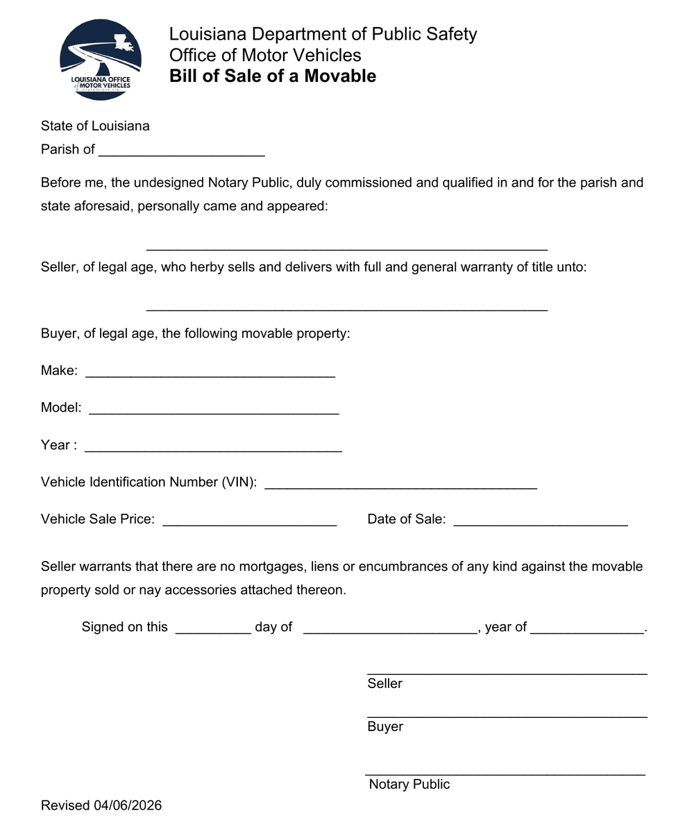 Louisiana official bill of sale, first page — VIN, sale price and notary block