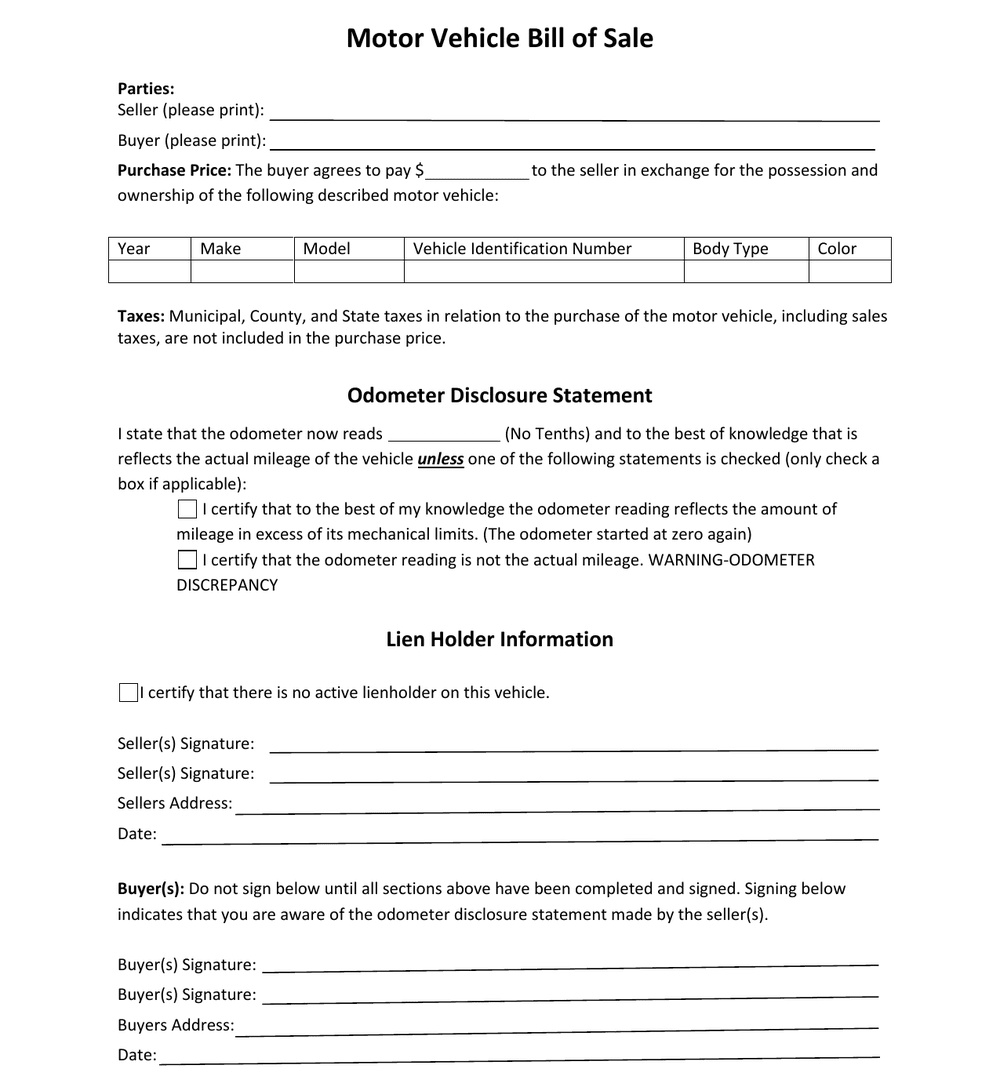 Maine official bill of sale, first page — VIN, odometer reading and sale price