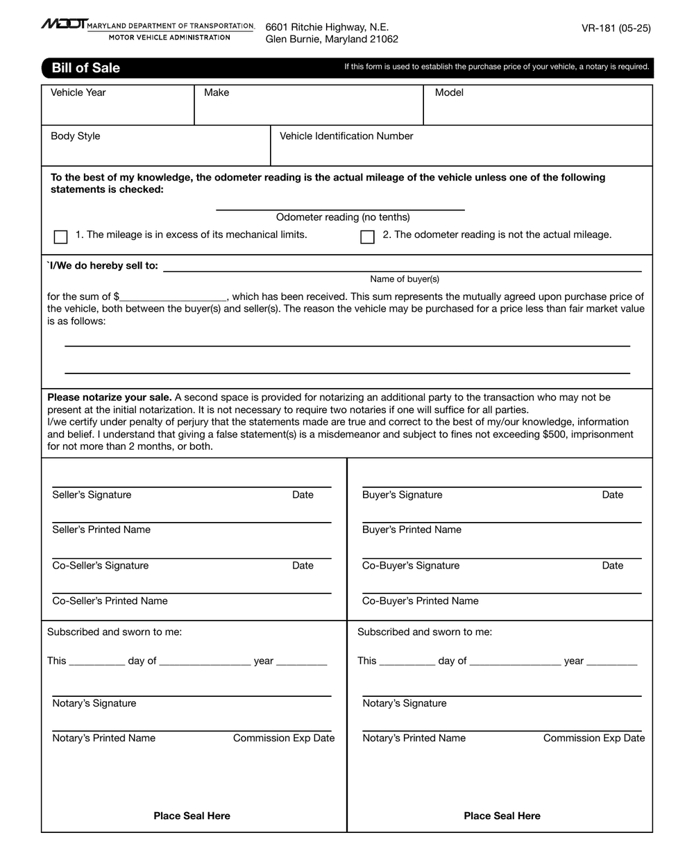 Maryland Form VR-181, first page — VIN, odometer reading and sale price
