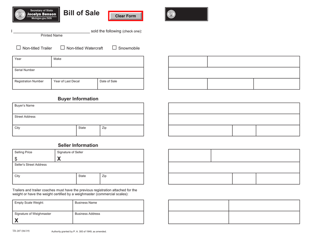 Michigan Secretary of State Form TR-207, first page — buyer and seller signature lines