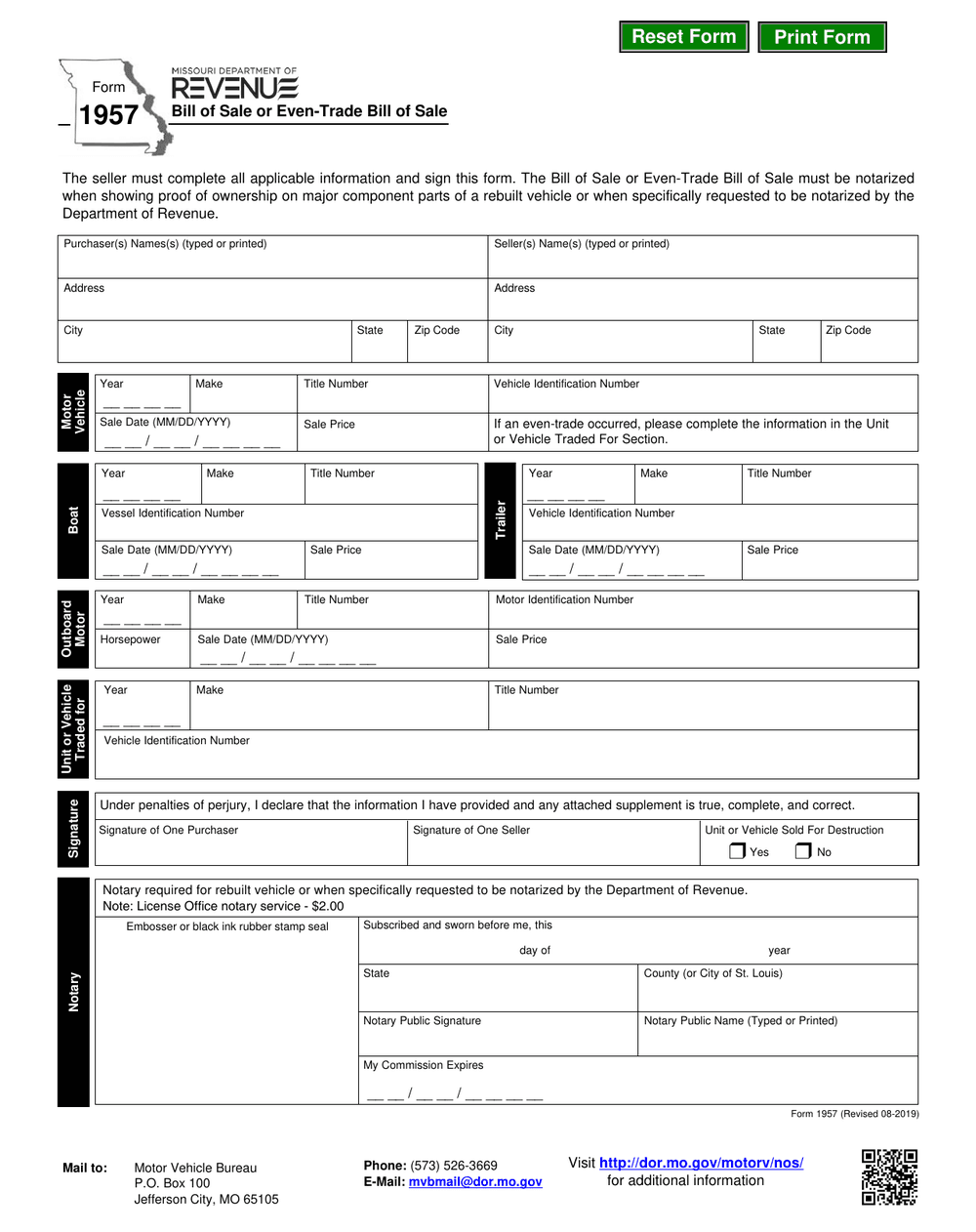 Missouri Department of Revenue Form 1957, first page — VIN, sale price and notary block