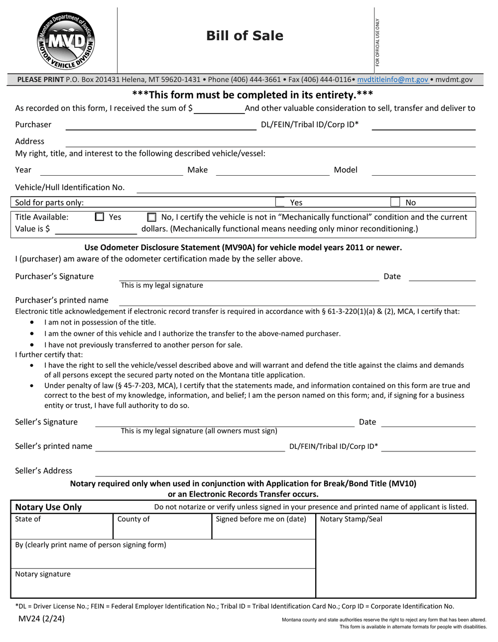 Montana Form MV24, first page — odometer reading, notary block and vessel and hull fields