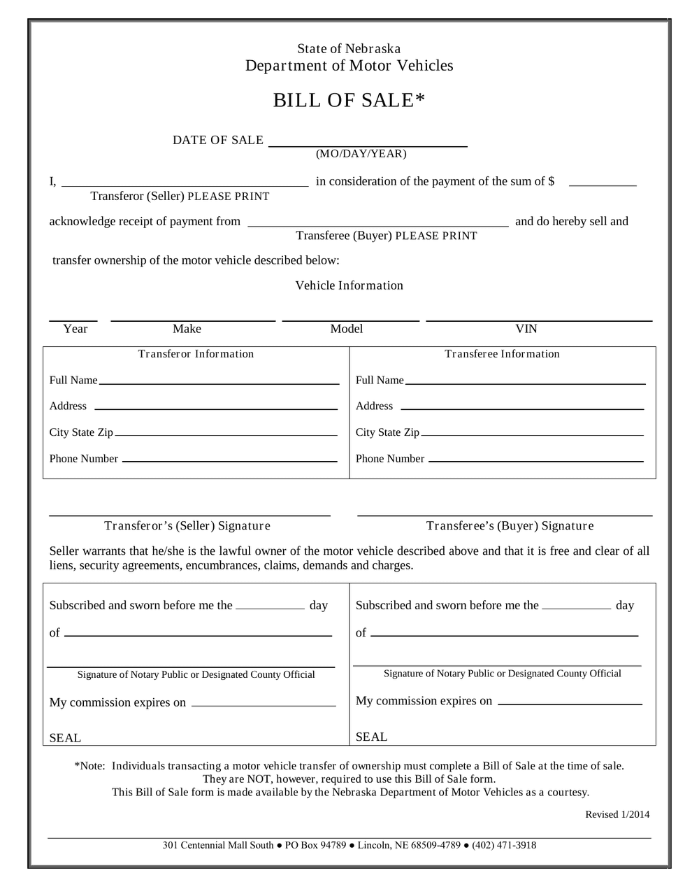 Nebraska official bill of sale, first page — VIN, notary block and buyer and seller signature lines