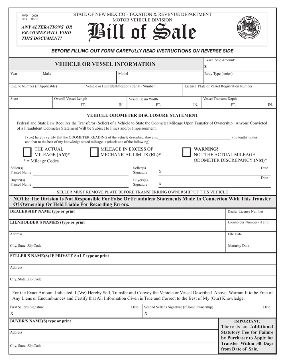 New Mexico Motor Vehicle Division Form MVD-10009, first page — odometer reading, sale price and vessel and hull fields