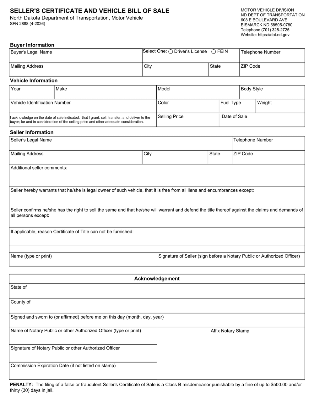 North Dakota Department of Transportation Form SFN-2888, first page — VIN, notary block and buyer and seller signature lines