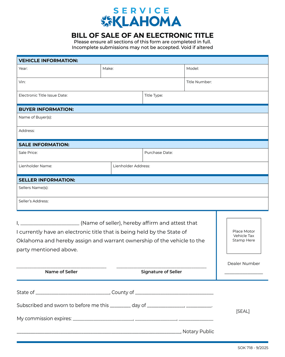 Oklahoma Form 718, first page — VIN, sale price and notary block