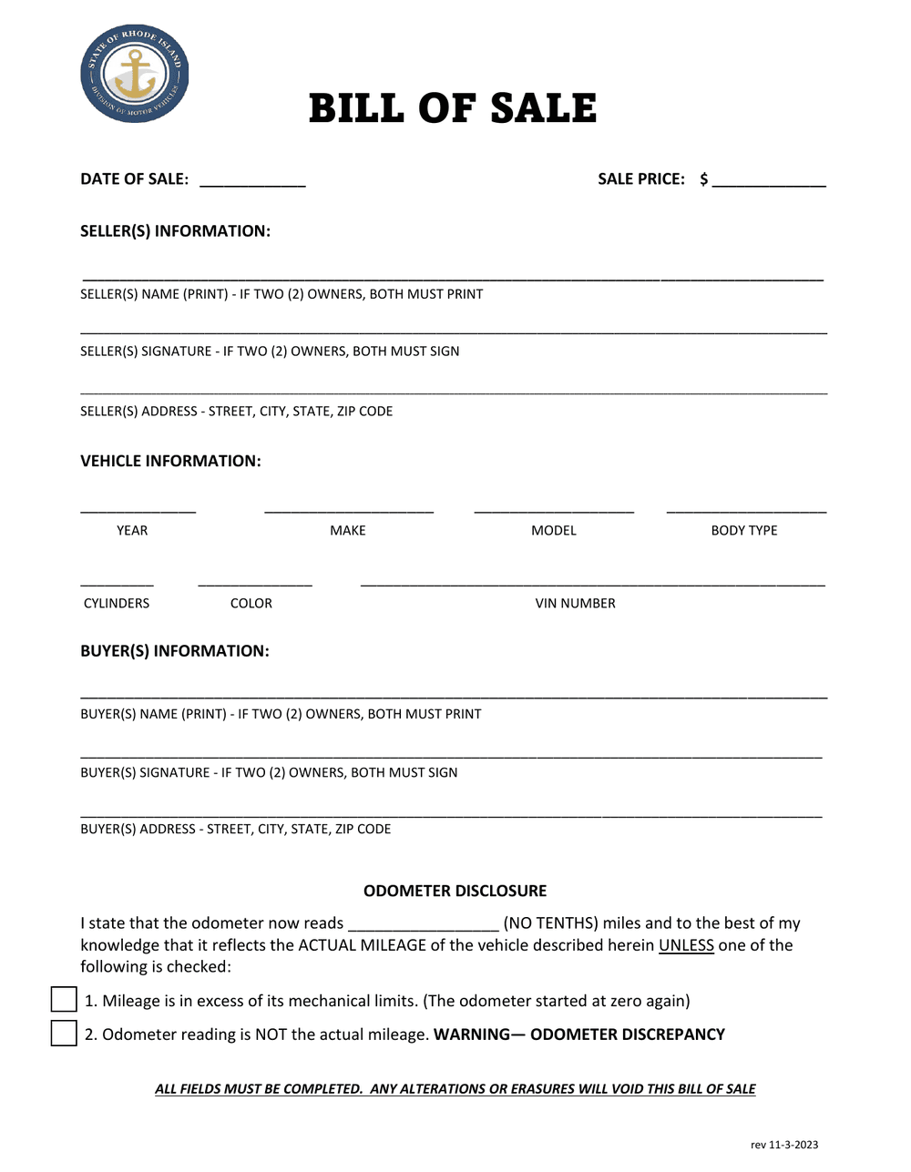 Rhode Island official bill of sale, first page — VIN, odometer reading and sale price