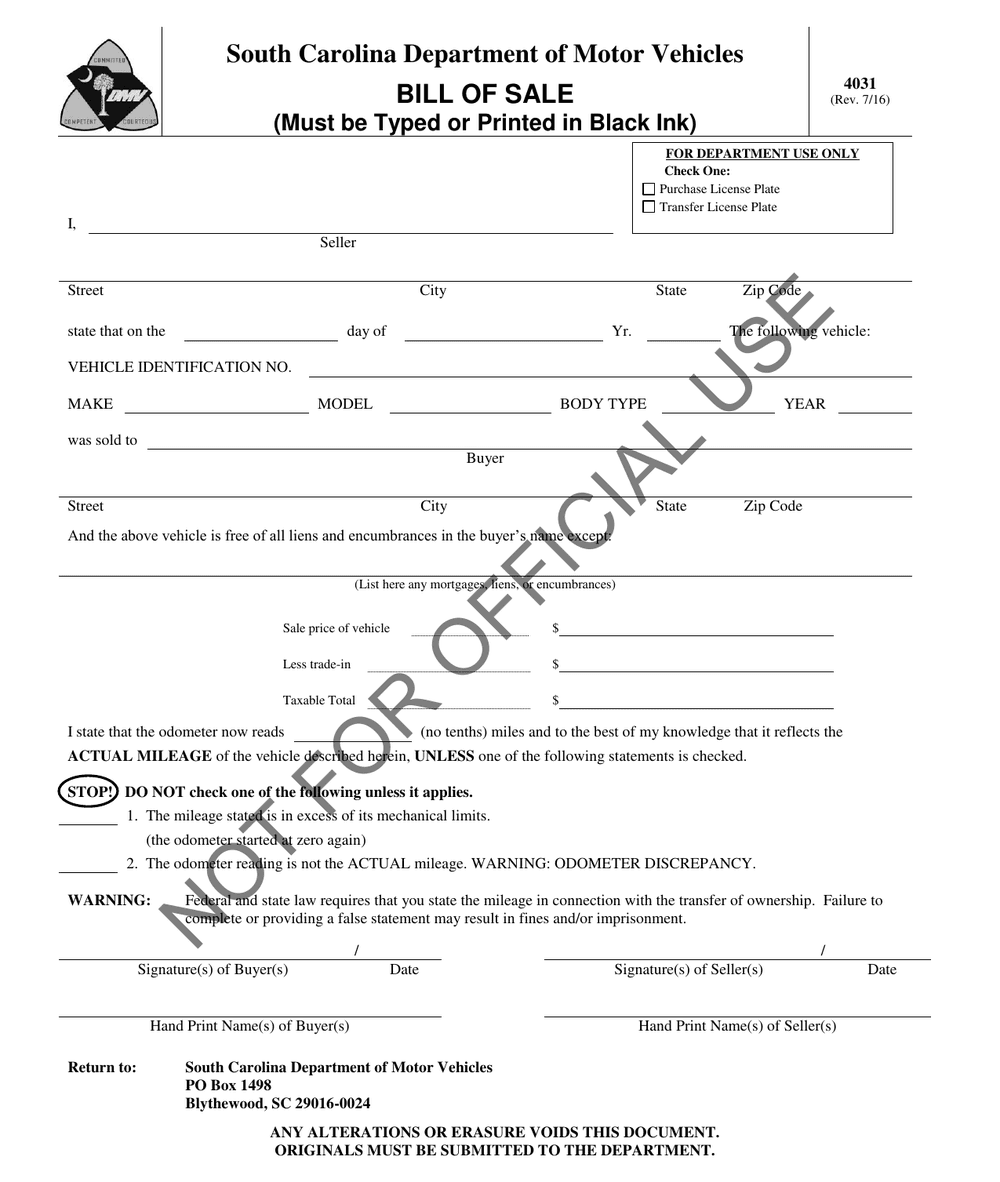 South Carolina Form 4031, first page — VIN, odometer reading and sale price