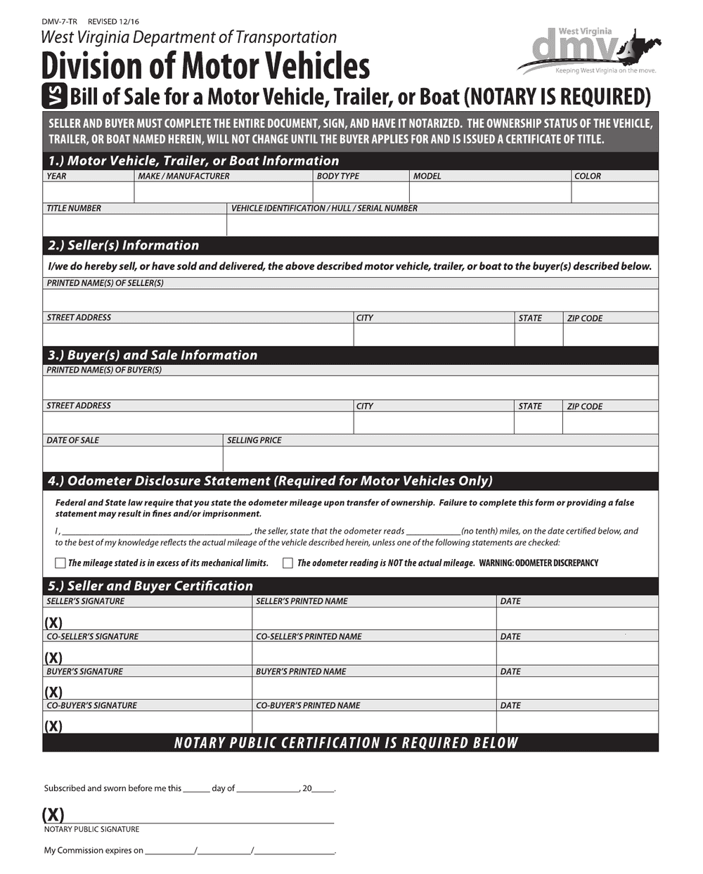 West Virginia Form DMV-7-TR, first page — the buyer and seller blocks