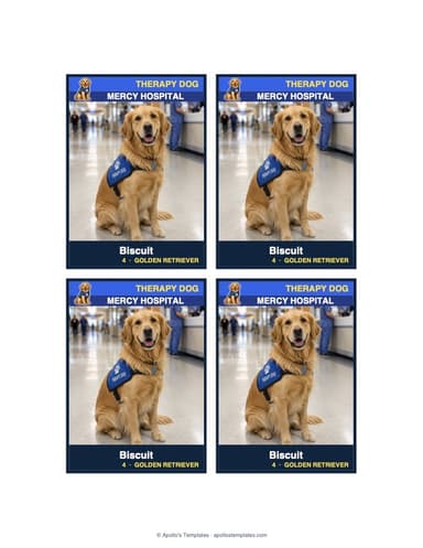 Four identical therapy dog cards printed 2x2 on one US Letter sheet, each 2.5 by 3.5 inches with the photo above a name and details bar