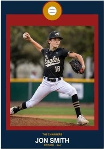 Baseball card in the Circle Badge design — a round sport badge centered at the top, the photo in a bordered frame below, and the name and position centered underneath