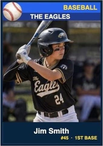 Baseball card in the Classic design — a color banner across the top, the photo below it, and the name and details on a dark footer bar