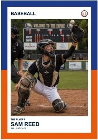 Baseball card in the Split Halves design — a border split into two colors top and bottom, the photo centered between them, and the name and details on a white footer
