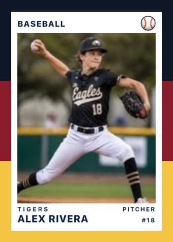 Baseball card in the Triple Split design — three stacked color bands down the left edge, the photo on a white field, and the name and details across the footer