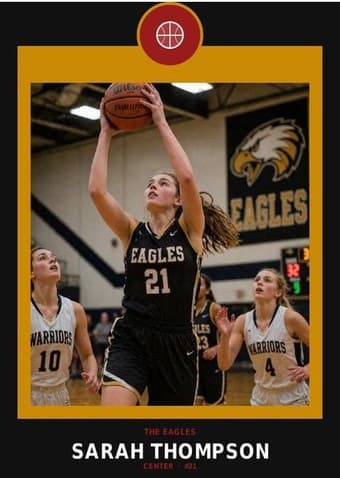 Basketball card in the Circle Badge design — a round sport badge centered at the top, the photo in a bordered frame below, and the name and position centered underneath