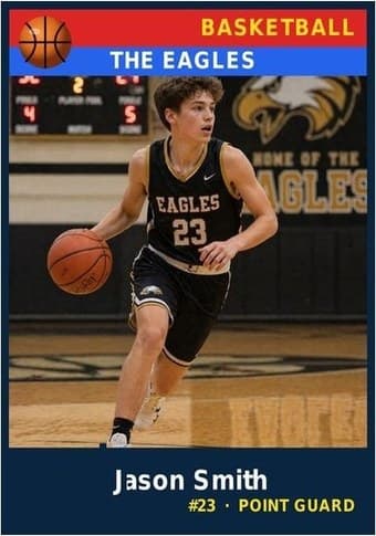 Basketball card in the Classic design — a color banner across the top, the photo below it, and the name and details on a dark footer bar