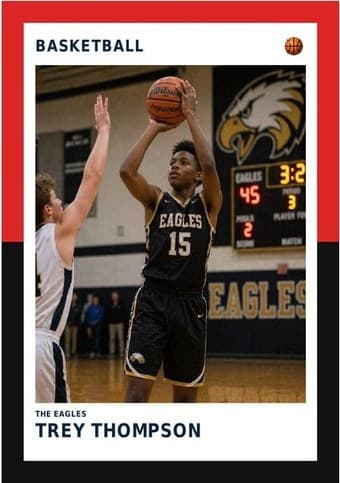 Basketball card in the Split Halves design — a border split into two colors top and bottom, the photo centered between them, and the name and details on a white footer