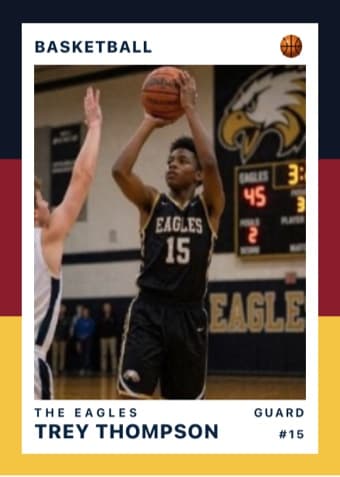 Basketball card in the Triple Split design — three stacked color bands down the left edge, the photo on a white field, and the name and details across the footer