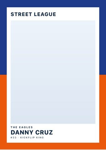 Trading card in the Split Halves design — a border split into two colors top and bottom, the photo centered between them, and the name and details on a white footer