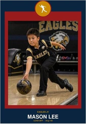 Bowling card in the Circle Badge design — a round sport badge centered at the top, the photo in a bordered frame below, and the name and position centered underneath