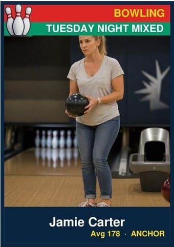 Bowling card in the Classic design — a color banner across the top, the photo below it, and the name and details on a dark footer bar
