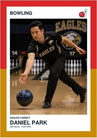 Bowling card in the Split Halves design — a border split into two colors top and bottom, the photo centered between them, and the name and details on a white footer