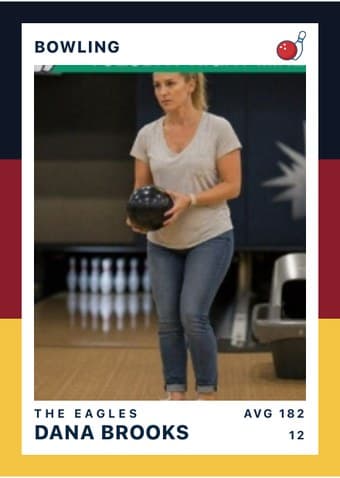 Bowling card in the Triple Split design — three stacked color bands down the left edge, the photo on a white field, and the name and details across the footer