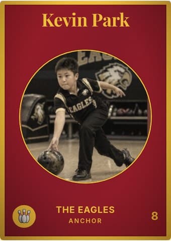 Bowling card in the Vintage Card design — an aged photo in a gold-ringed circular window on a deep crimson card, with the name in a serif face arched across the top