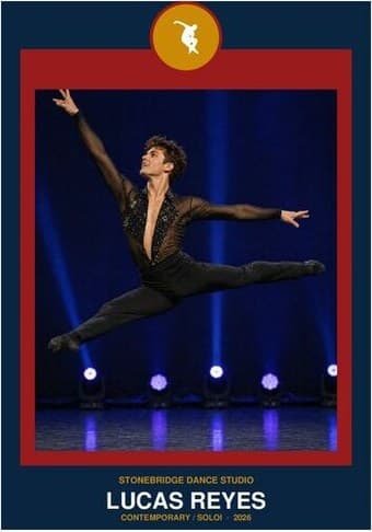 Dance card in the Circle Badge design — a round sport badge centered at the top, the photo in a bordered frame below, and the name and position centered underneath