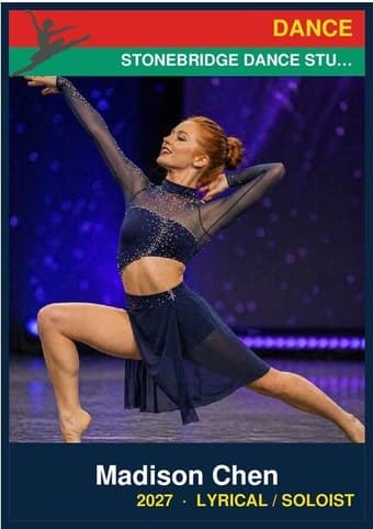 Dance card in the Classic design — a color banner across the top, the photo below it, and the name and details on a dark footer bar