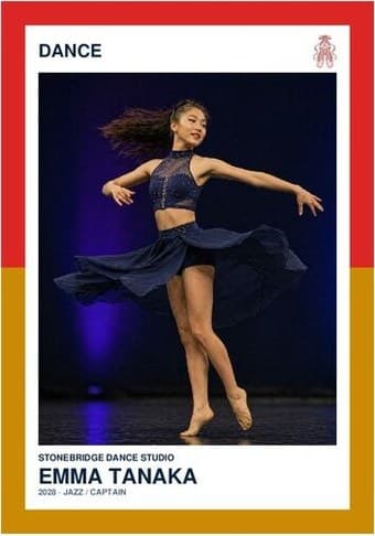 Dance card in the Split Halves design — a border split into two colors top and bottom, the photo centered between them, and the name and details on a white footer
