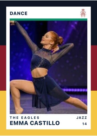 Dance card in the Triple Split design — three stacked color bands down the left edge, the photo on a white field, and the name and details across the footer