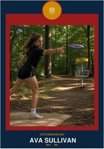 Disc Golf card in the Circle Badge design — a round sport badge centered at the top, the photo in a bordered frame below, and the name and position centered underneath