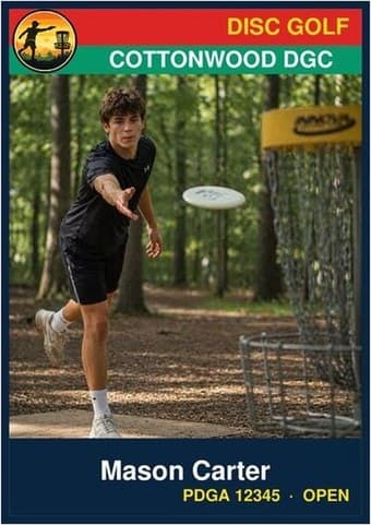 Disc Golf card in the Classic design — a color banner across the top, the photo below it, and the name and details on a dark footer bar