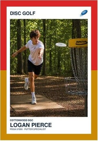 Disc Golf card in the Split Halves design — a border split into two colors top and bottom, the photo centered between them, and the name and details on a white footer