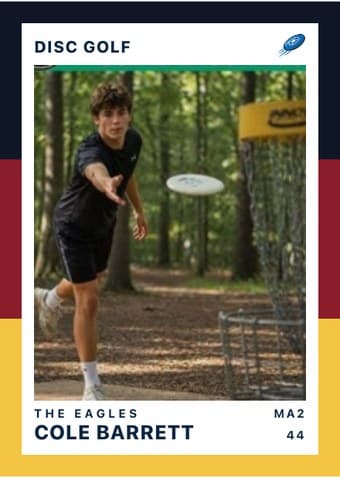 Disc Golf card in the Triple Split design — three stacked color bands down the left edge, the photo on a white field, and the name and details across the footer
