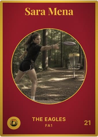 Disc Golf card in the Vintage Card design — an aged photo in a gold-ringed circular window on a deep crimson card, with the name in a serif face arched across the top