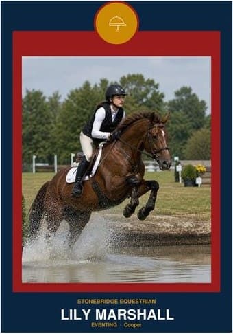 Equestrian card in the Circle Badge design — a round sport badge centered at the top, the photo in a bordered frame below, and the name and position centered underneath