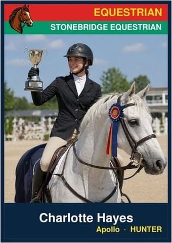 Equestrian card in the Classic design — a color banner across the top, the photo below it, and the name and details on a dark footer bar