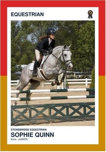 Equestrian card in the Split Halves design — a border split into two colors top and bottom, the photo centered between them, and the name and details on a white footer