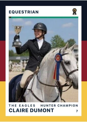 Equestrian card in the Triple Split design — three stacked color bands down the left edge, the photo on a white field, and the name and details across the footer