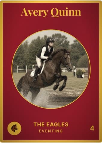 Equestrian card in the Vintage Card design — an aged photo in a gold-ringed circular window on a deep crimson card, with the name in a serif face arched across the top
