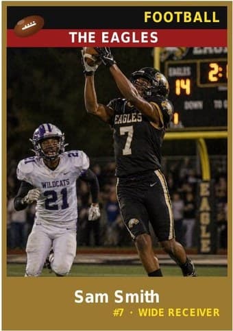 Football card in the Classic design — a color banner across the top, the photo below it, and the name and details on a dark footer bar