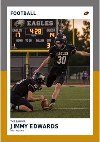 Football card in the Split Halves design — a border split into two colors top and bottom, the photo centered between them, and the name and details on a white footer