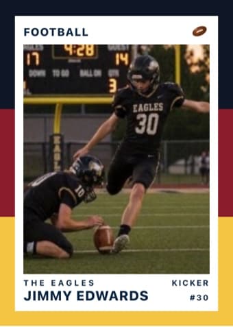 Football card in the Triple Split design — three stacked color bands down the left edge, the photo on a white field, and the name and details across the footer