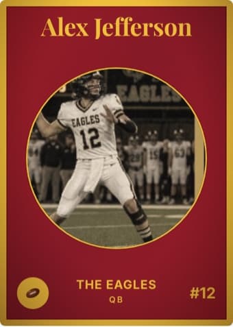 Football card in the Vintage Card design — an aged photo in a gold-ringed circular window on a deep crimson card, with the name in a serif face arched across the top