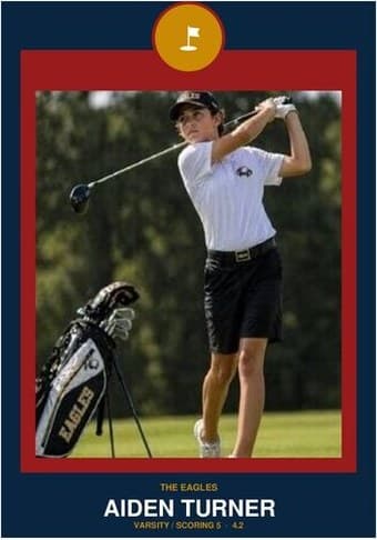 Golf card in the Circle Badge design — a round sport badge centered at the top, the photo in a bordered frame below, and the name and position centered underneath