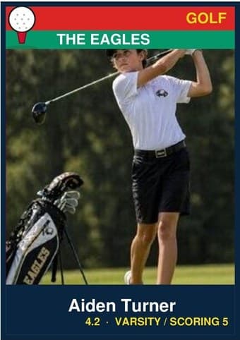 Golf card in the Classic design — a color banner across the top, the photo below it, and the name and details on a dark footer bar