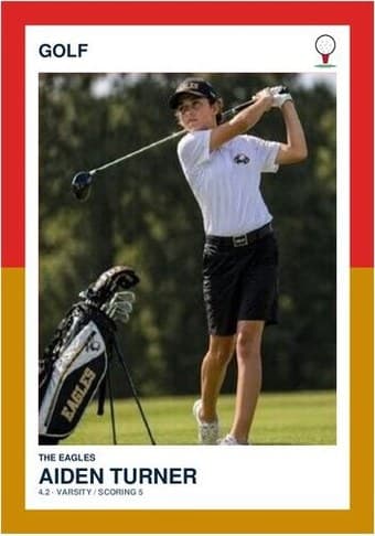 Golf card in the Split Halves design — a border split into two colors top and bottom, the photo centered between them, and the name and details on a white footer